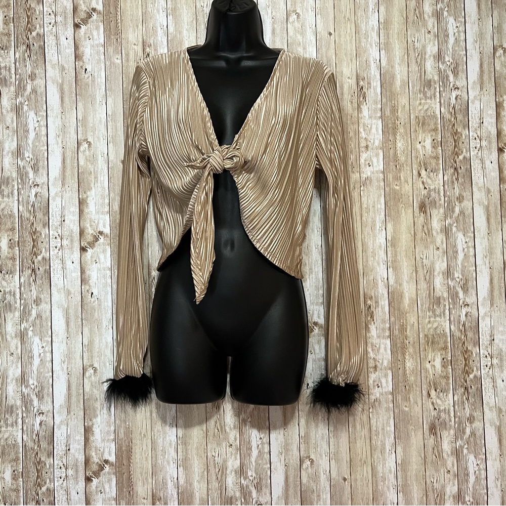 Tan Gold Tie-Front Blouse with Black Cuffs